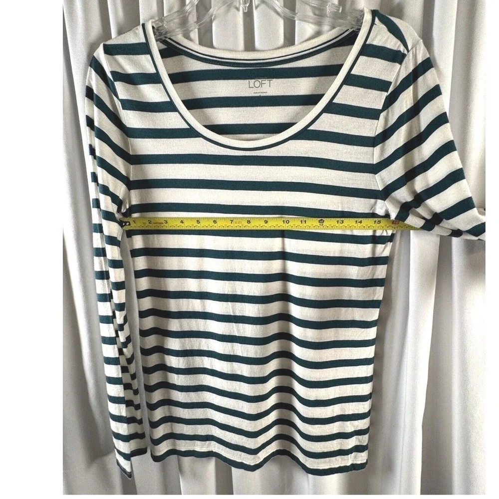 Ann Taylor LOFT Womens Green White Striped Scoop‎ Neck Long Sleeve Top Size M